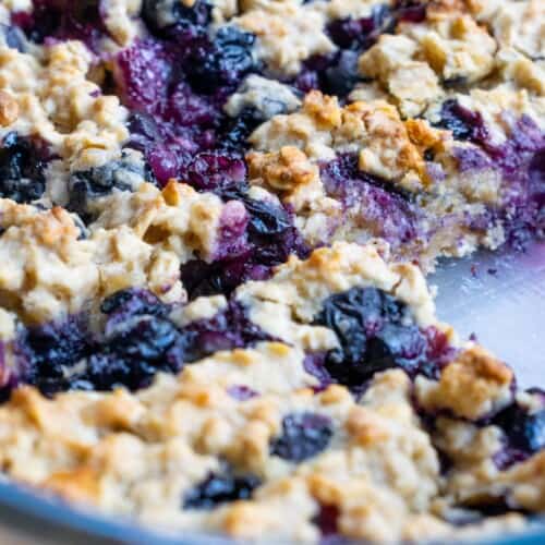 Close up shot of breakfast bake with blueberries