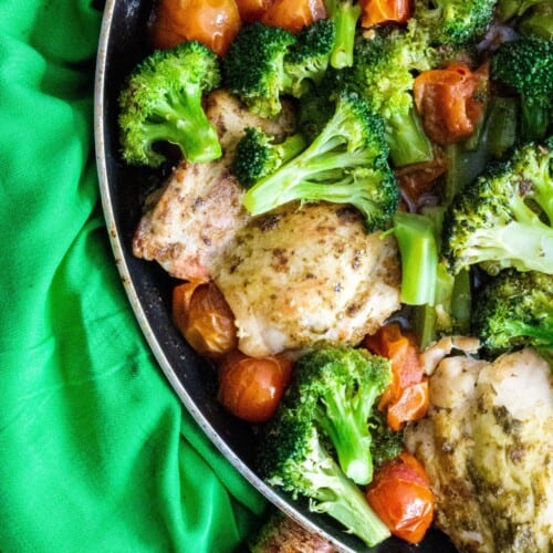 Chicken and vegetables in large frying pan