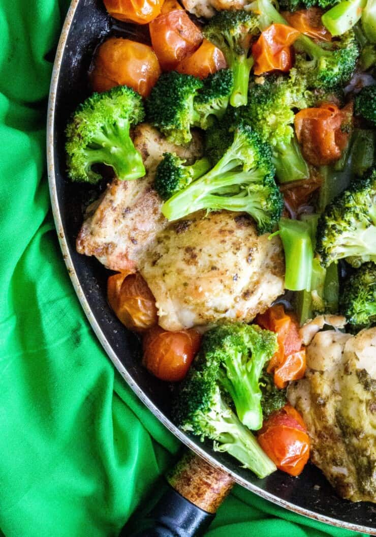 Chicken and vegetables in large frying pan