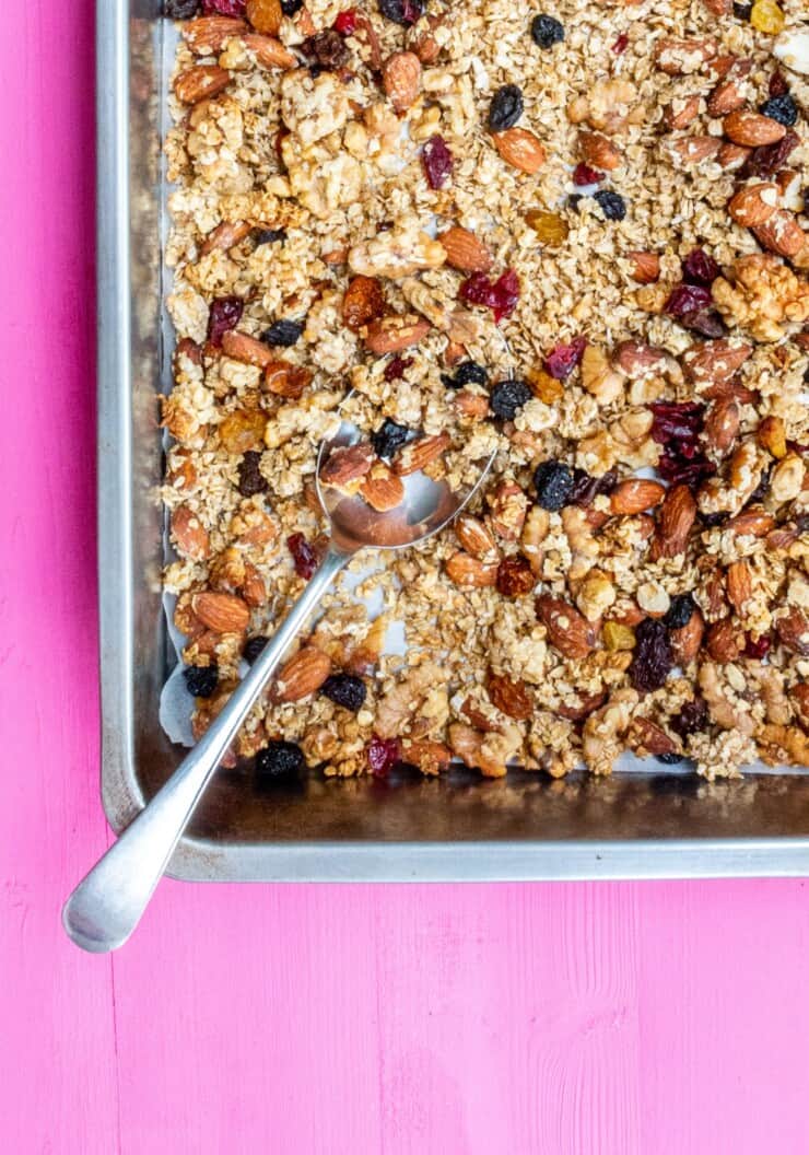 Browned granola on baking tray