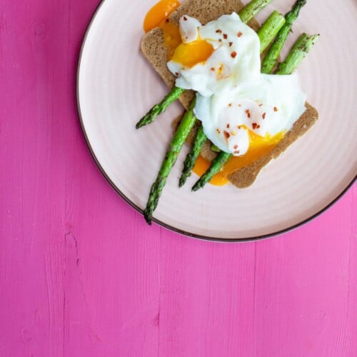 Overhead shot of plate with 2 poached eggs on slims with asparagus