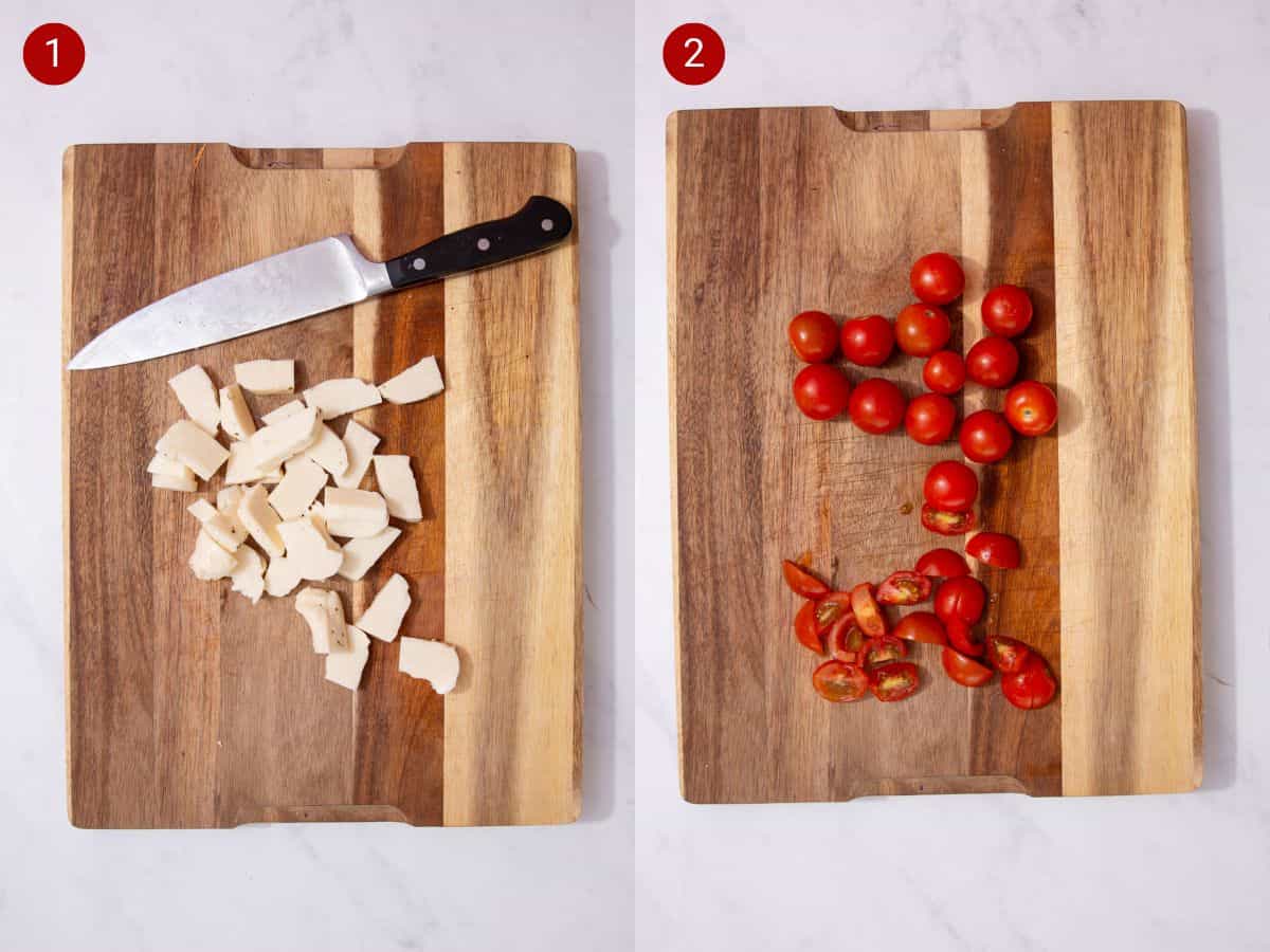 2 step by step by step photos, the first with halloumi slices with  a knife on a chopping board and the second with tomatoes sliced on a chopping board.