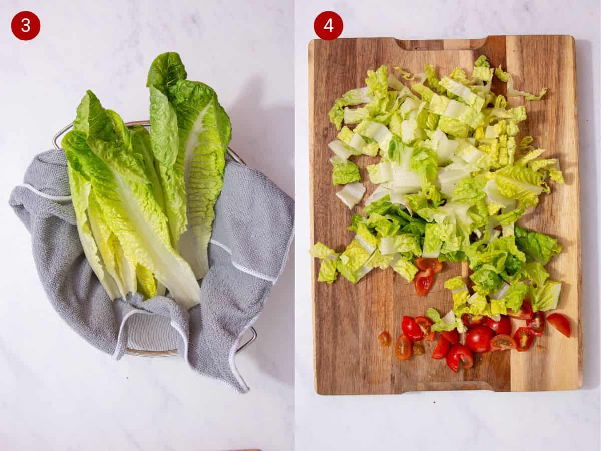 2 step by step by step photos, the first with romaine lettuce leaves in a cloth in a colander and the second with chopped lettuce on a wooden board.