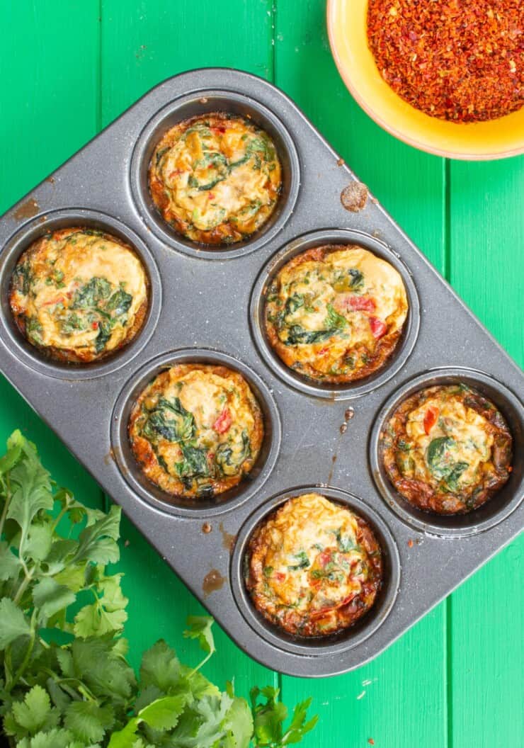 Overhead shot of 6 breakfast megg muffins in a muffin tray