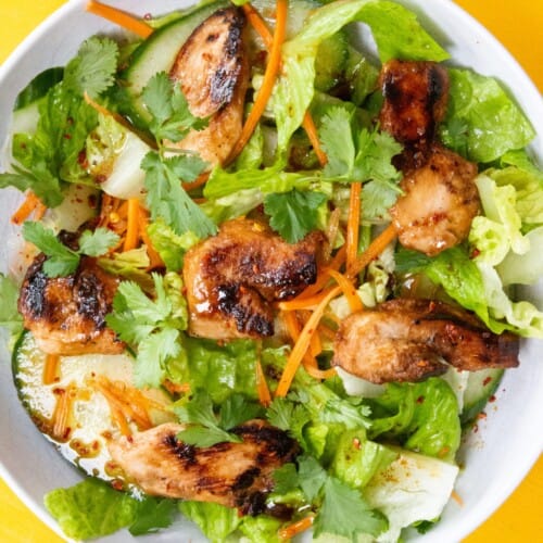 Overhead shot of bowl of salad with soy chicken pieces and grated carrot over top