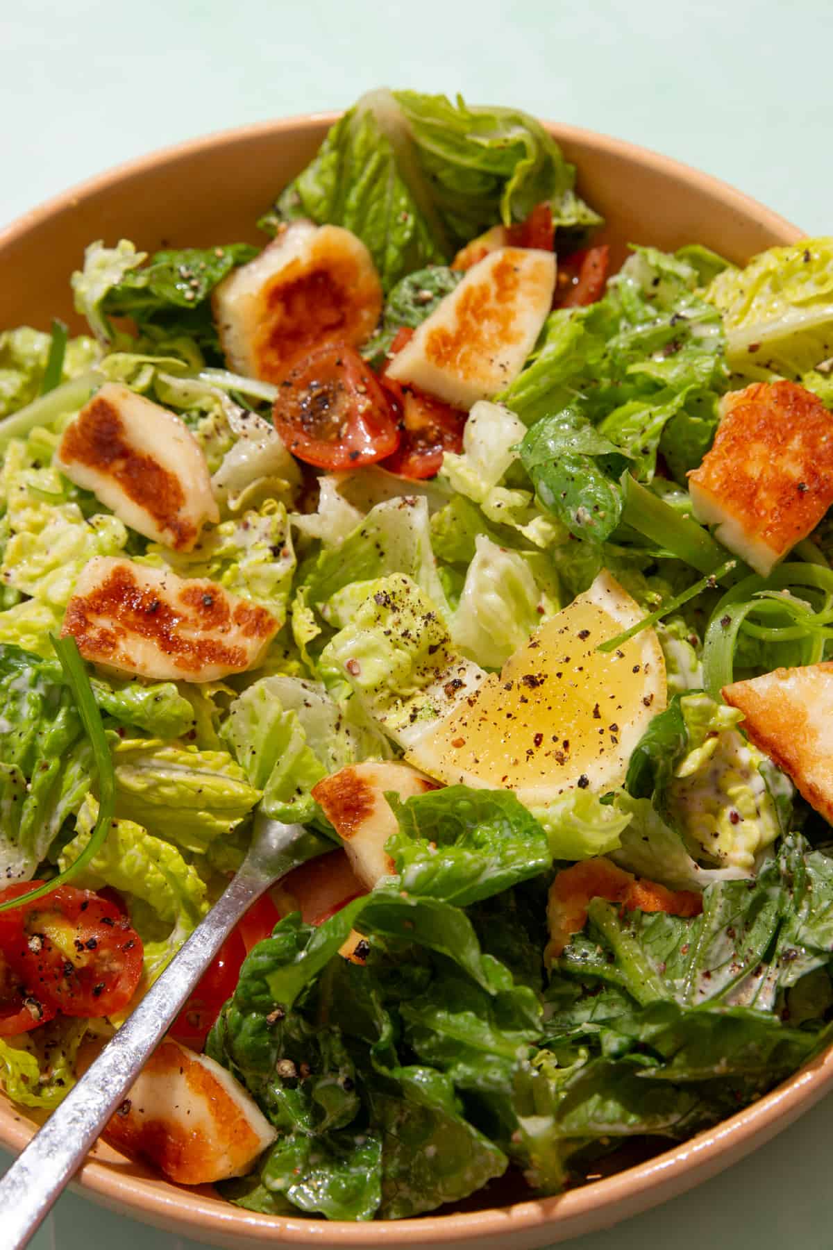 Close up of salad with golden browned halloumi squares, sliced cherry tomatoes, lemon wedges and a dressing with a fork in a bowl.