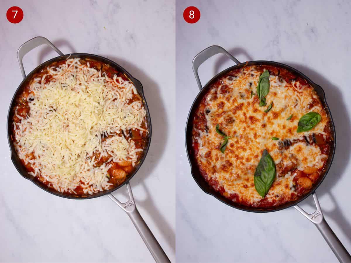 2 step by step photos, the first with grated cheesy added to tomatoey gnocchi in a pan and the second with the cheesy melted and baked to become golden brown and topped with fresh basil.