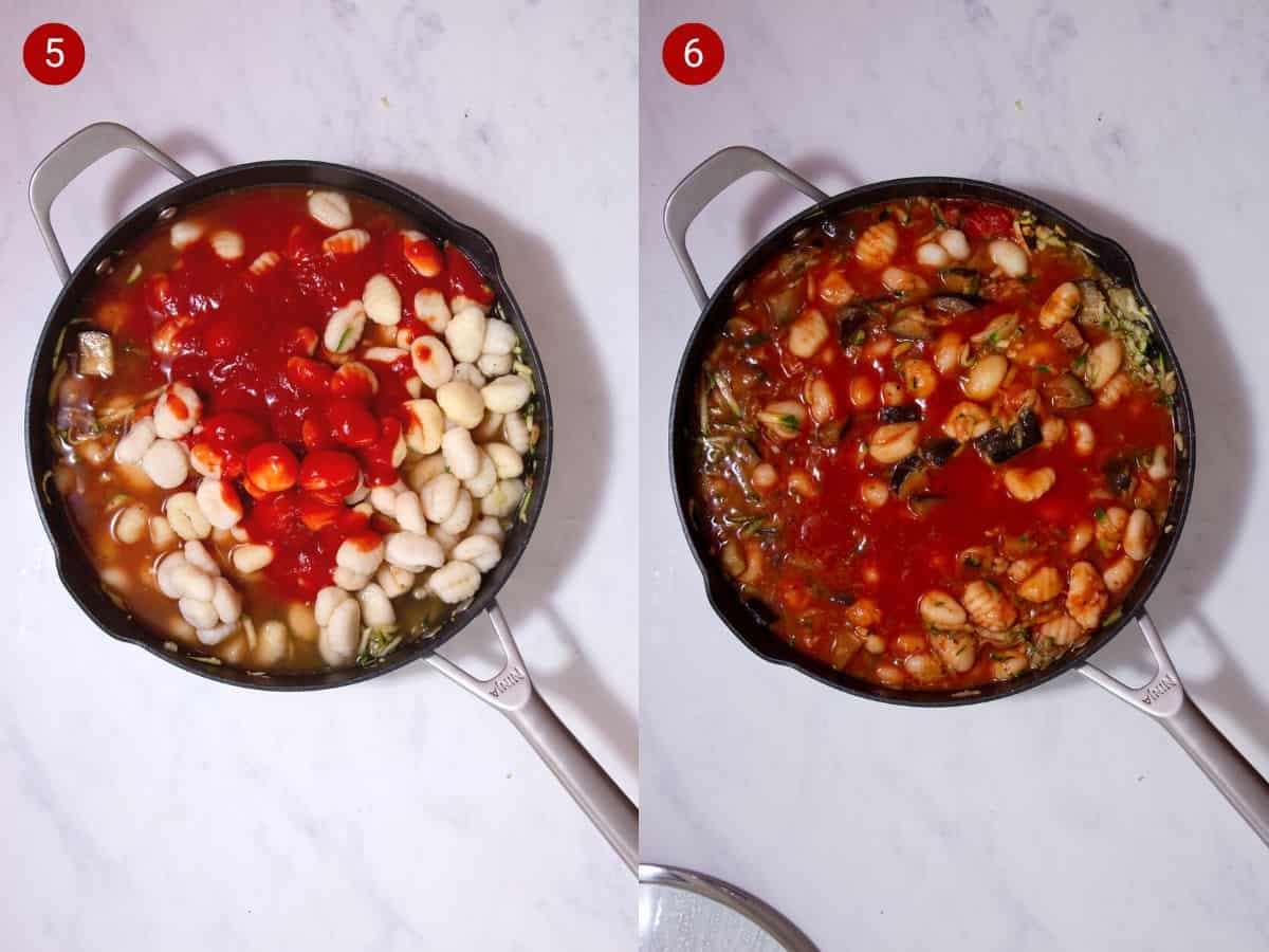 2 step by step photos, the first with gnocchi and sauce added to a large pan and the second the tomato sauce mixed in with the gnocchi and vegetables.