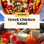 A wooden bowl filled with vibrant Greek Chicken salad featuring grilled chicken, cherry tomatoes, cucumbers, bell peppers, olives, and feta cheese. Close-up below shows the fresh ingredients of this classic Greek Chicken salad mixed together.