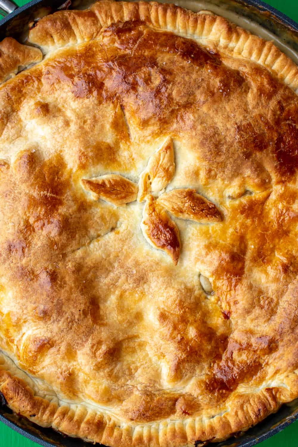 Close up of Creamy Mushroom, Leek and Aubergine Pot Pie showing the crusty golden pastry, decorated with pastry leaf shapes in middle.