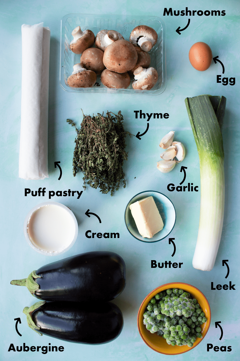 Ingredients to make the pie laid out on a pale blue background and labelled.