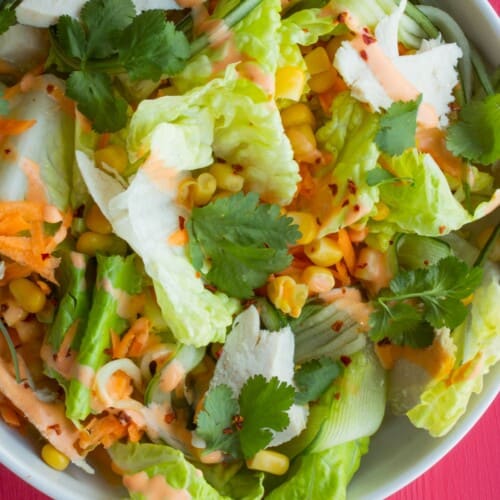 Leftover turkey salad with sweetcorn, cucumber, grated carrot and Sriracha mayonnaise dressing.