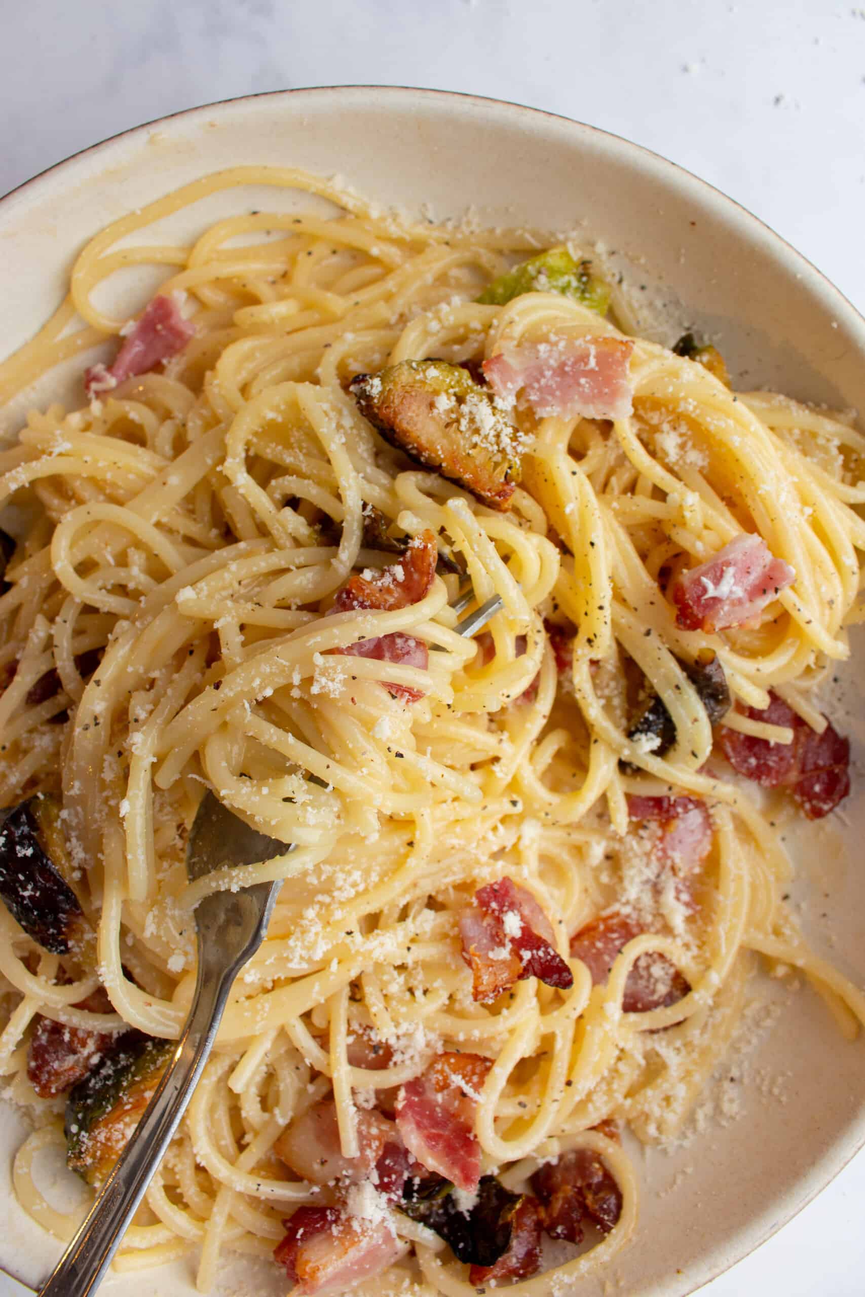 Roasted Brussel Sprout Carbonara – Beat The Budget