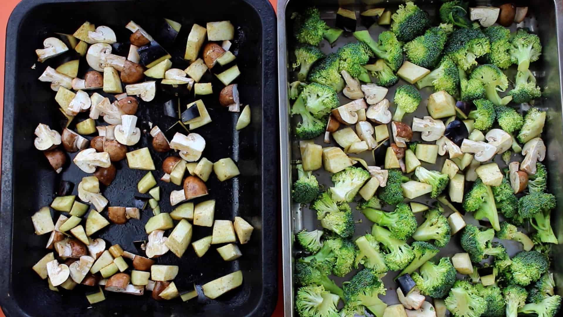 2 trays on chopped vegetables, one with courgettes and mushrooms and the second with broccoli mushrooms and courgettes.