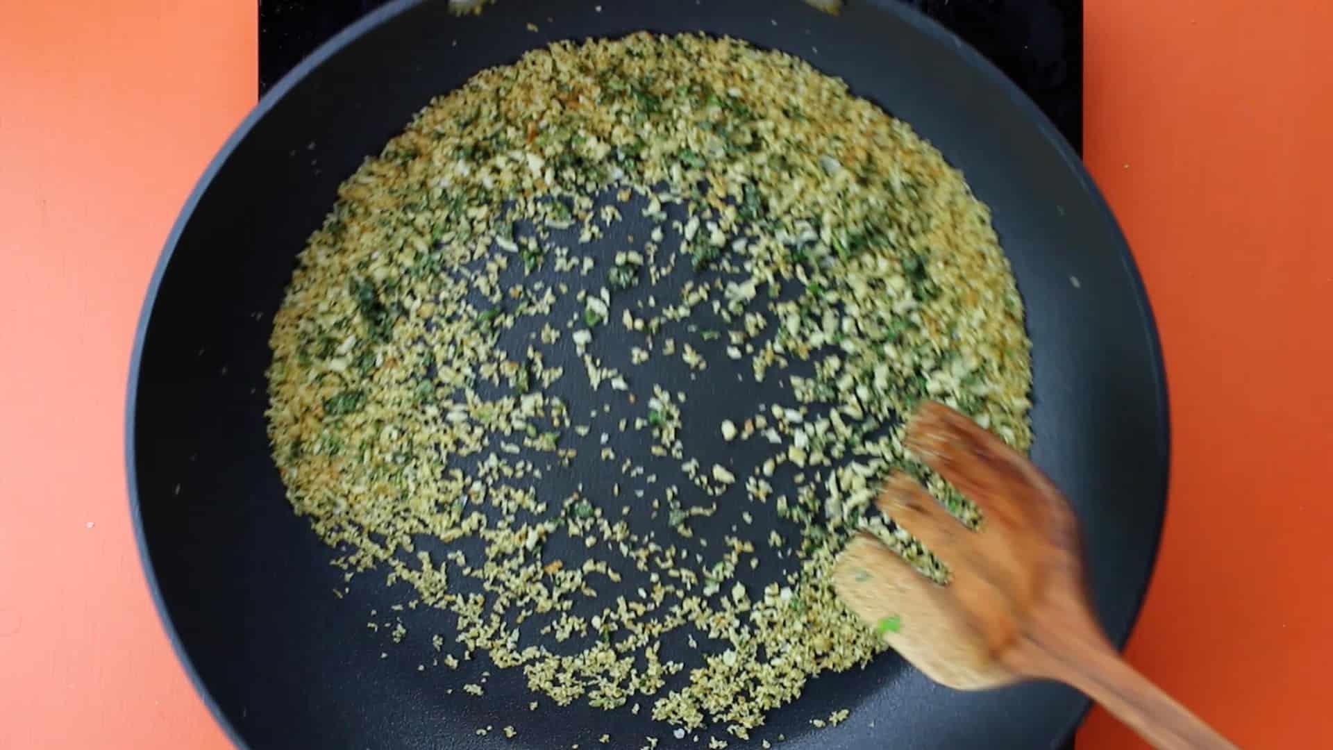 Breadcrumbs browning in frying pan