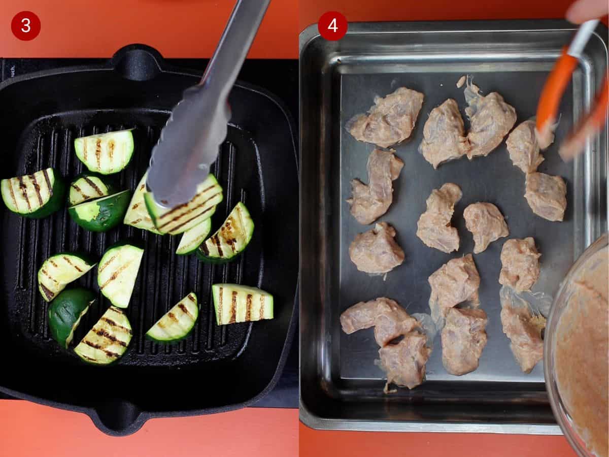 2 step by step photos, the first with seared courgette pieces in a griddle pan and turned with tongs and the second with pieces of marinated chicken on a baking tray.