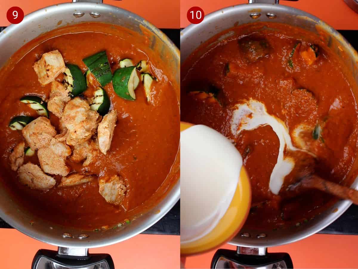 2 step by step photos, the first with a saucepan witha tomatoey sauce, chicken and courgette pieces and the second with yogurt being added to the same pan.