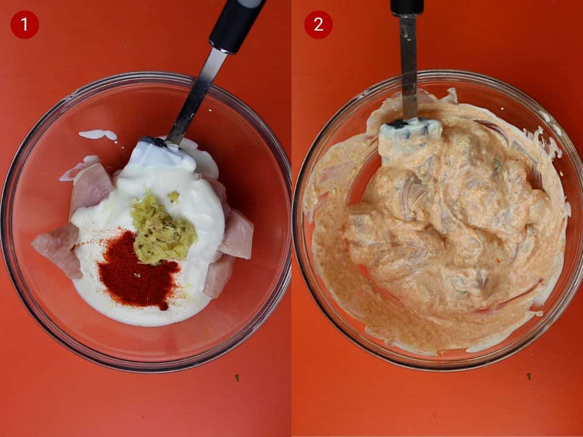 2 step by step photos, the first with chicken covered with yogurt spices and grated ginger and the the marinade mixed in with the chicken with a spatula.