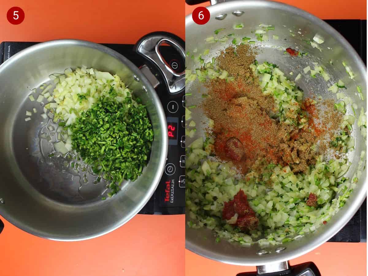 2 step by step photos, the first with finely sliced onions and coriander stalks in a large saucepan with handles, and the second with spices added to the saucepan.