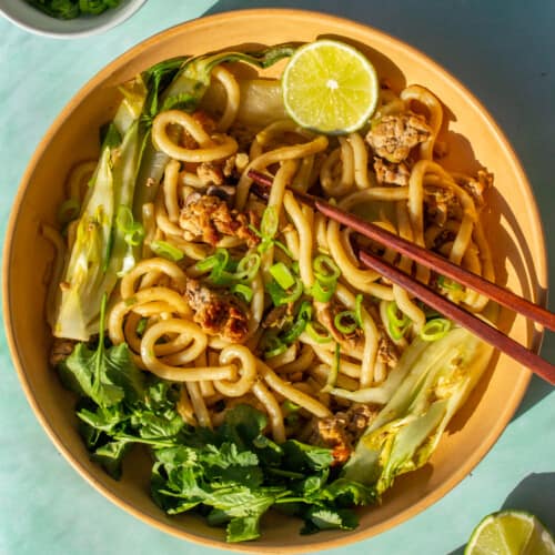 Stir-fry Pork Udon Noodles with pak choi, spring onions, mushrooms and a wedge of lime with chop sticks on the plate on a pale green background.