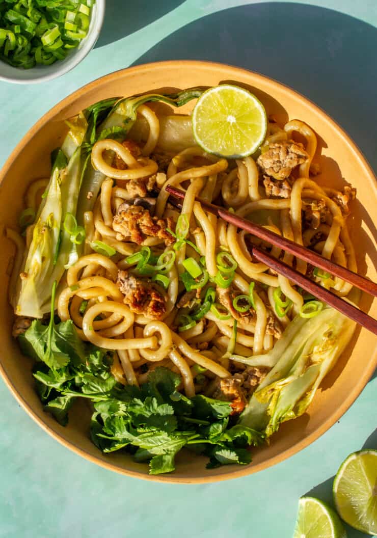 Stir-fry Pork Udon Noodles with pak choi, spring onions, mushrooms and a wedge of lime with chop sticks on the plate on a pale green background.