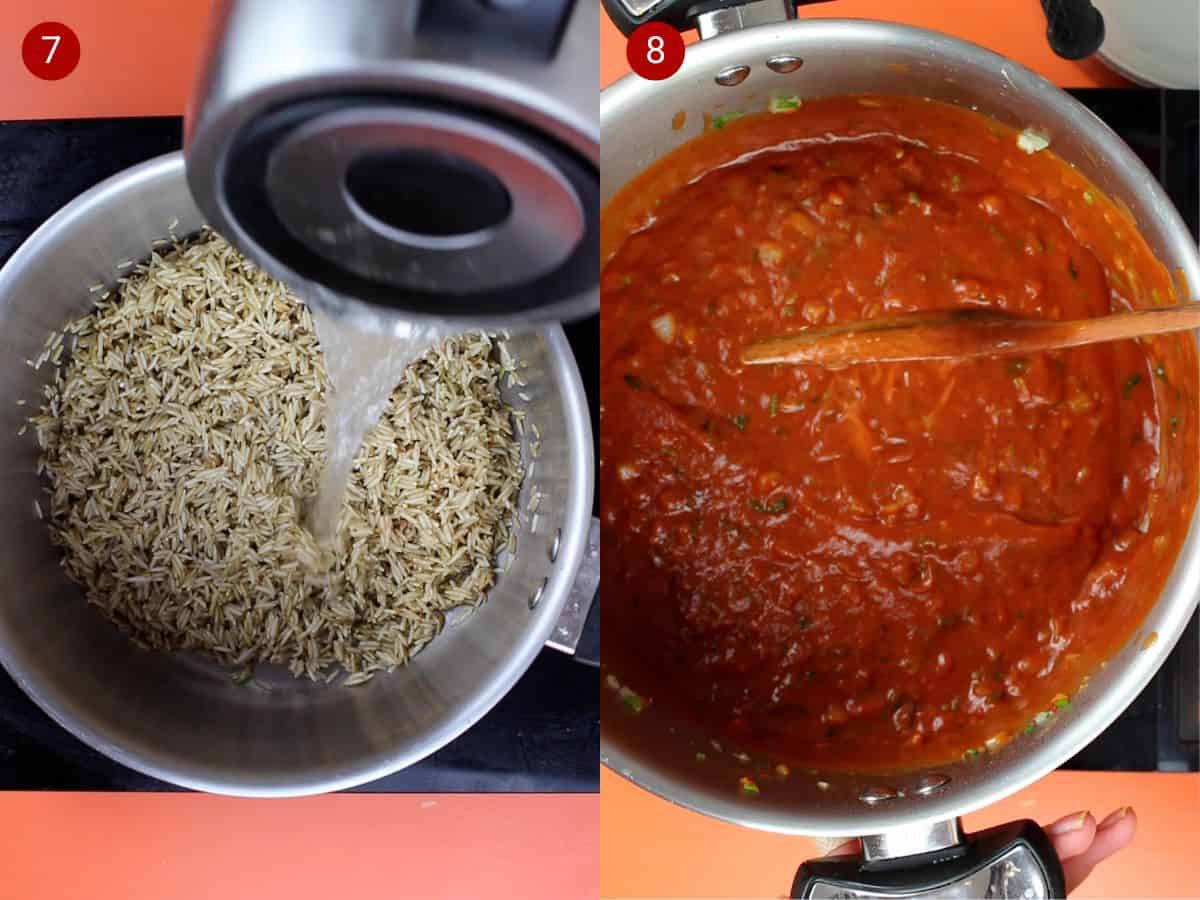 2 step by step photos, the first with brown rice in a saucepan with water being added from a kettle and the second with a tomatoey sauce being mixed in a pan.