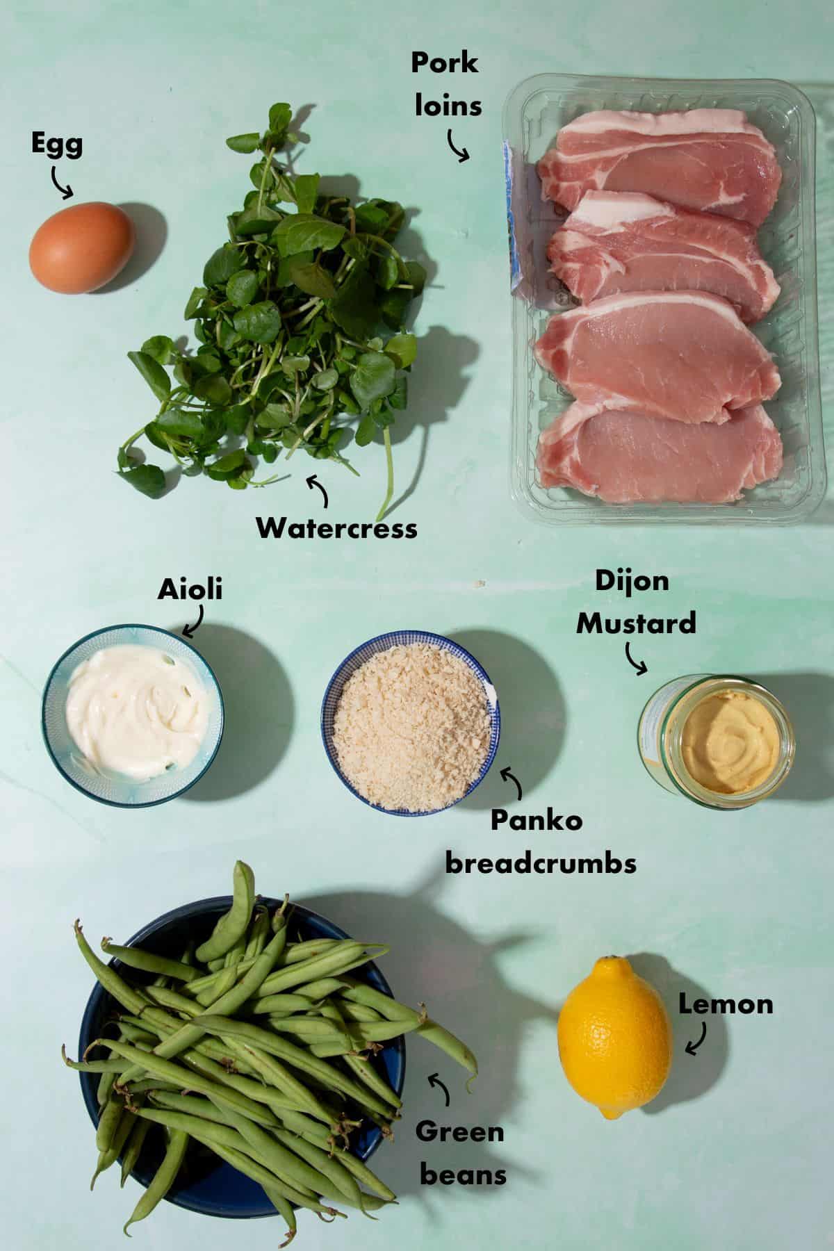 Ingrients to make pork recipe laid out on a pale blue background and labelled.
