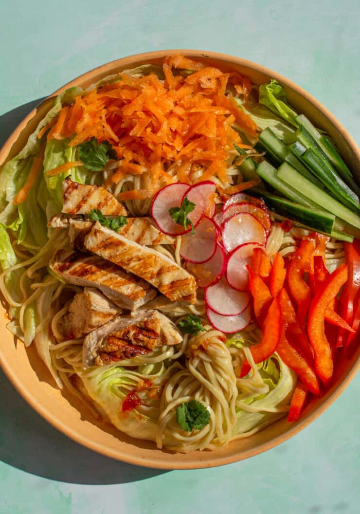 Overhead shot of Sweet Chilli Noodle Salad with Grilled Chicken