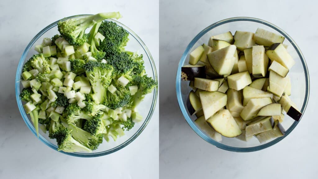 Chopped broccoli and chopped aubergine