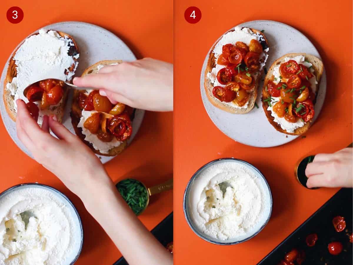 2 step by step photos, the first with roasted tomatoes being added with a spoon and 2 hands to 2 slices toast topped with cream cheese, the second with the tomatoes topping the cream cheese toast slices.