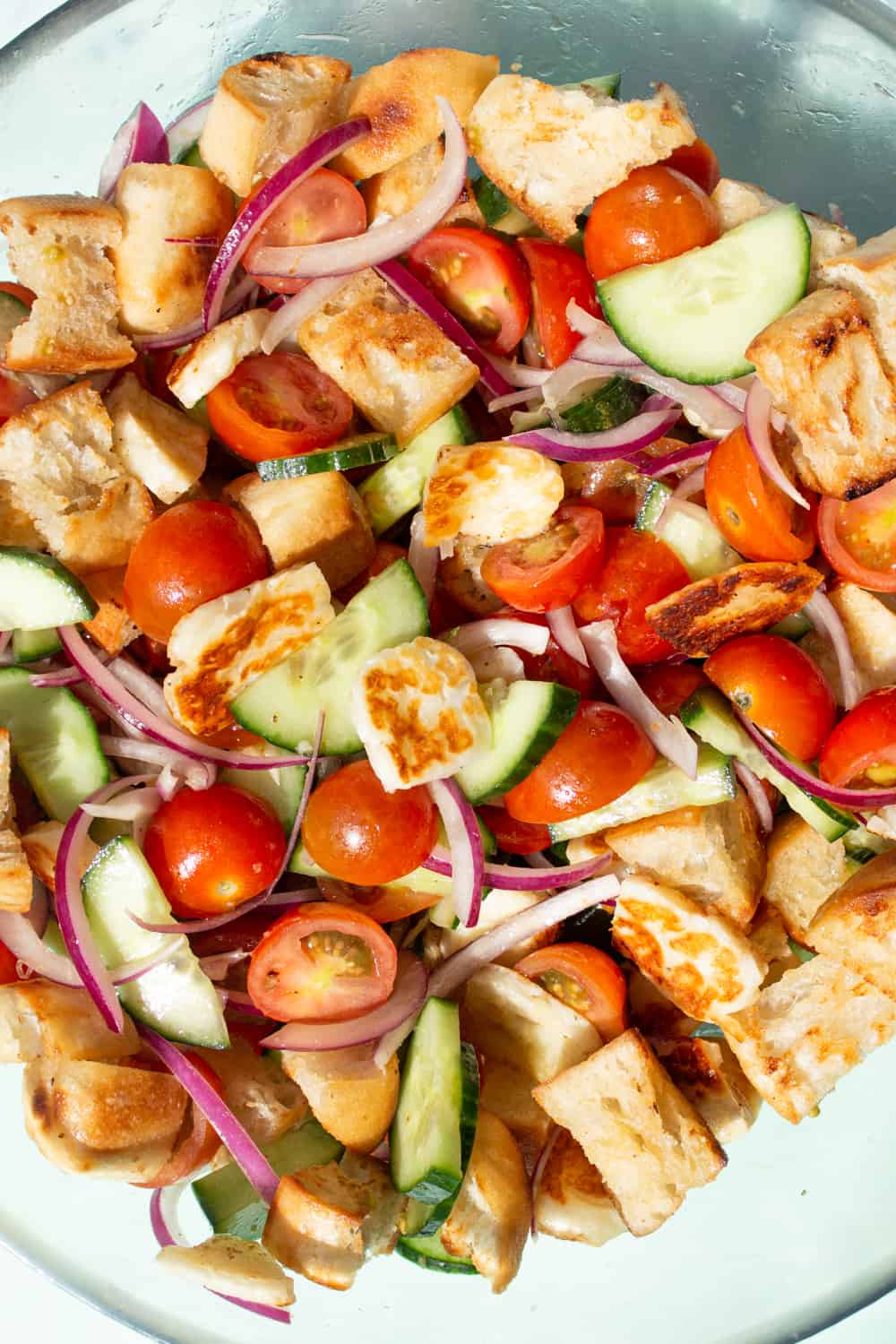 Close up of Halloumi Panzanella salad in a glass bowl with cherry tomatoes, cucumber, red onion, browned halloumi and ciabatta bread pieces.