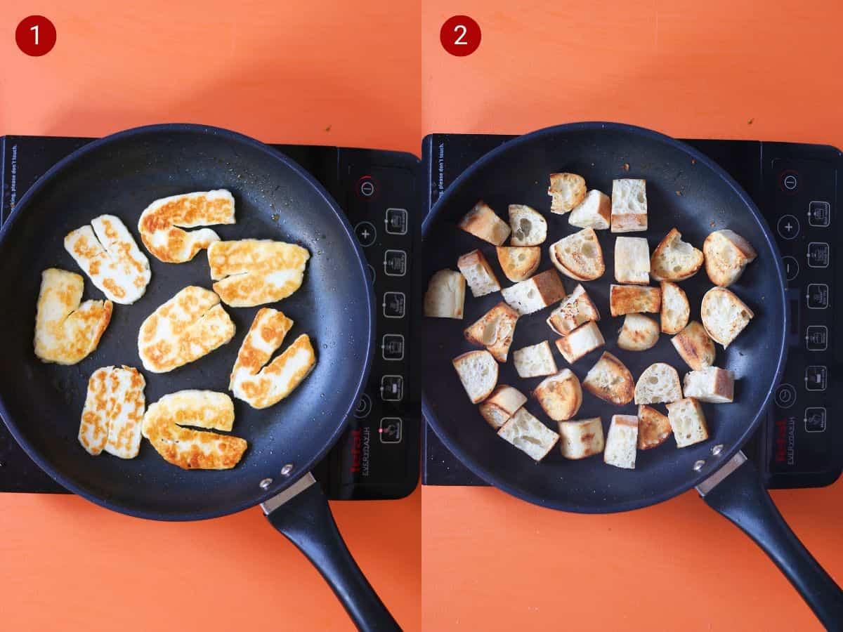 2 step by step photos, the first with halloumi frying in a pan , the second with pieces of bread frying in a pan.
