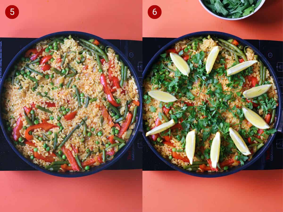 2 step by step photos, the first with rice, peas, peppers and green beans cooked in a pan, the second with lemon wedges and parsley added.