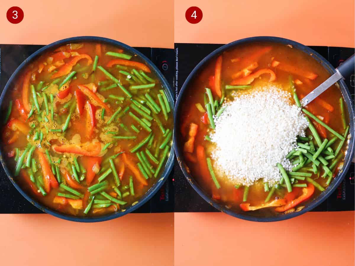 2 step by step photos, the first with green beans, peppers and tomatoey stock in the pan, the second with rice added to the same pan.