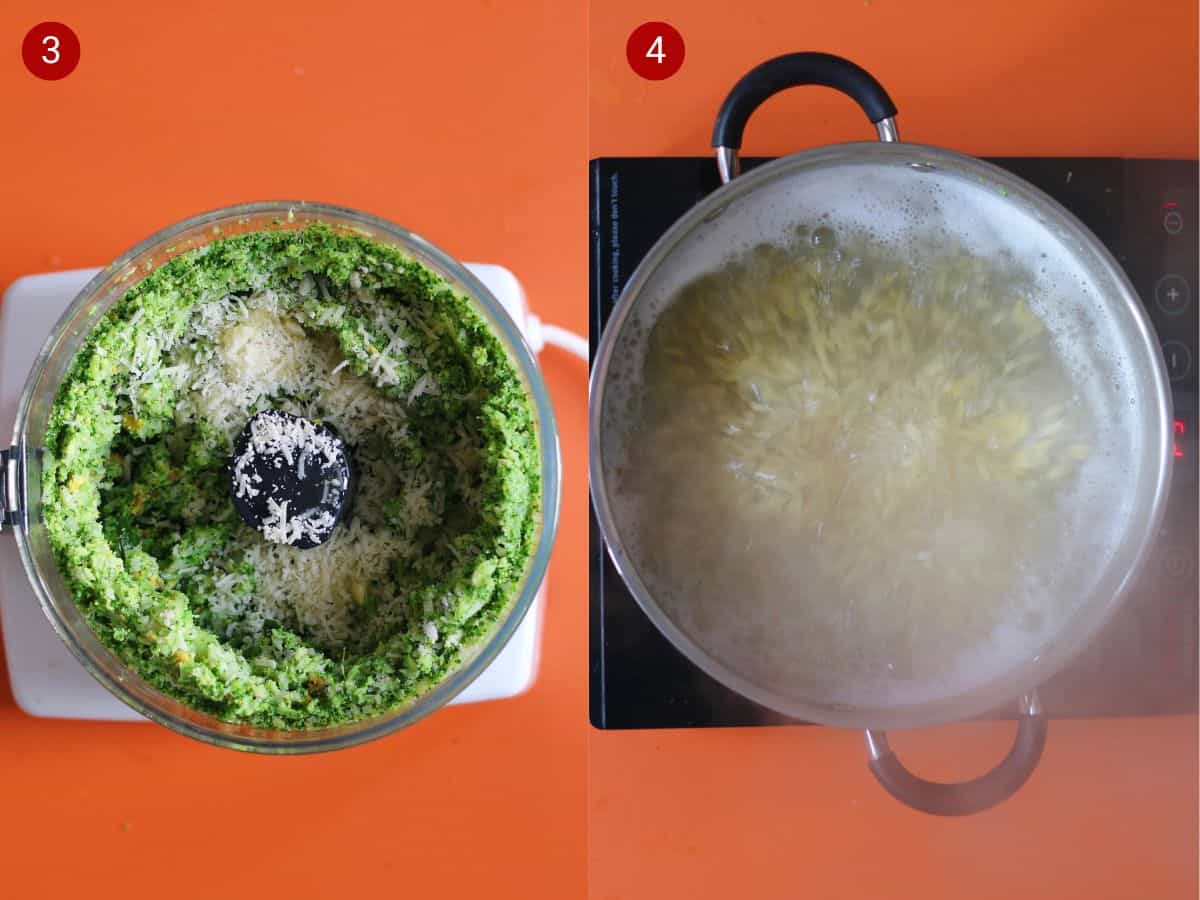 2 step by step photos, the first with pesto dressing in a food processor and the second with orzo boiling a a pan.
