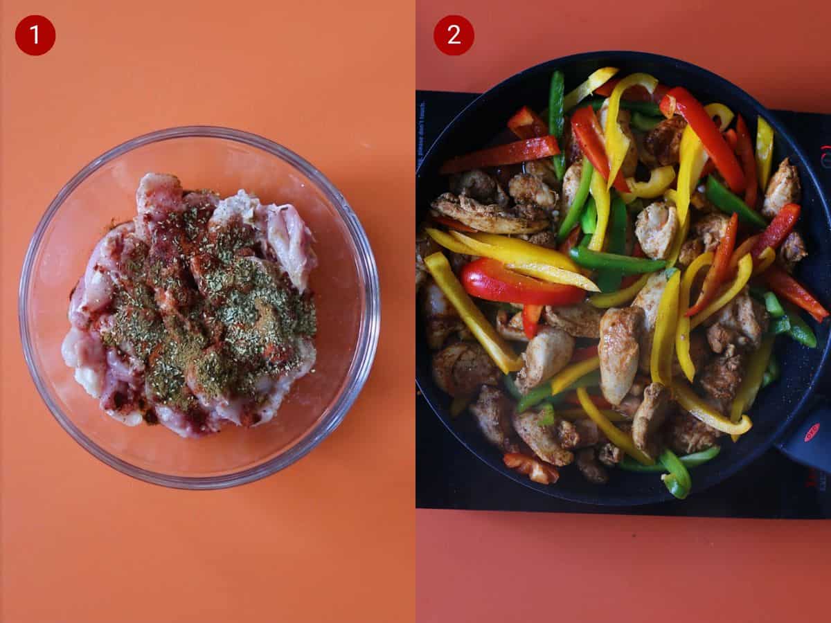 2 step by step photos, the first with chicken pieces in a bowl with seasoning and the second with the chicken and peppers in a pan.