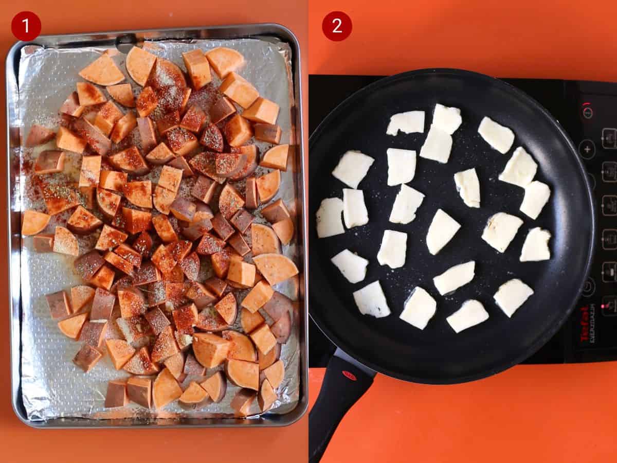 2 step by step photos, the first with sweet potato pieces on foil on baking tray and the second with halloumi pieces in frying pan.
