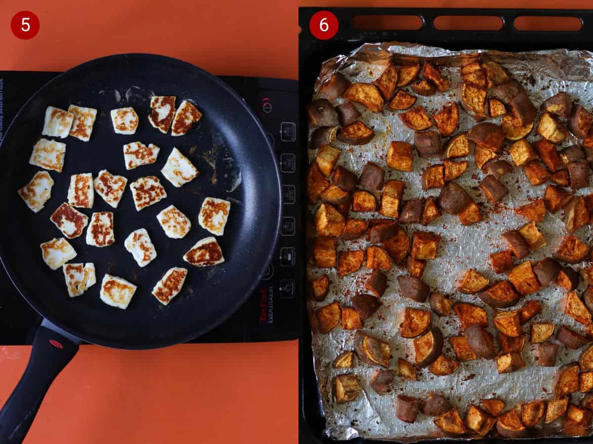 2 step by step photos, the first halloumi pieces frying in a pan and the second with sweet potato pieces baked on foil on tray.