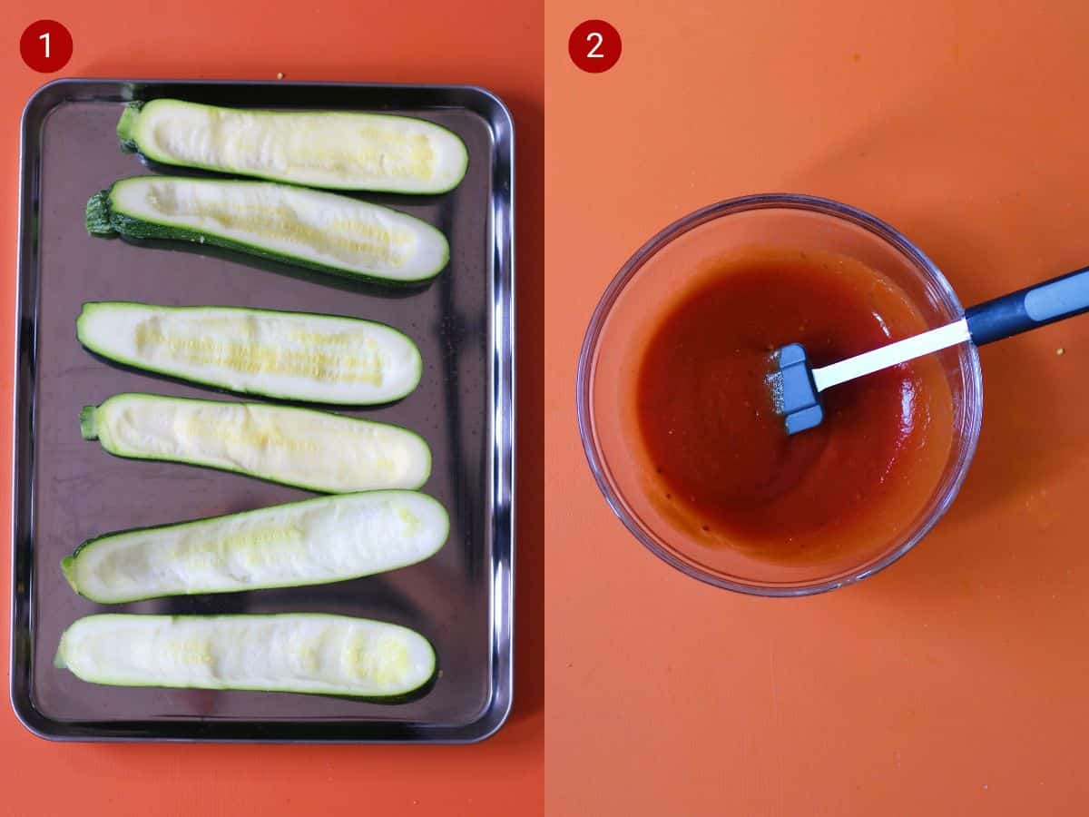 2 step by step photos, the first with courgette halves on a baking tray and the second with passata in a bowl.