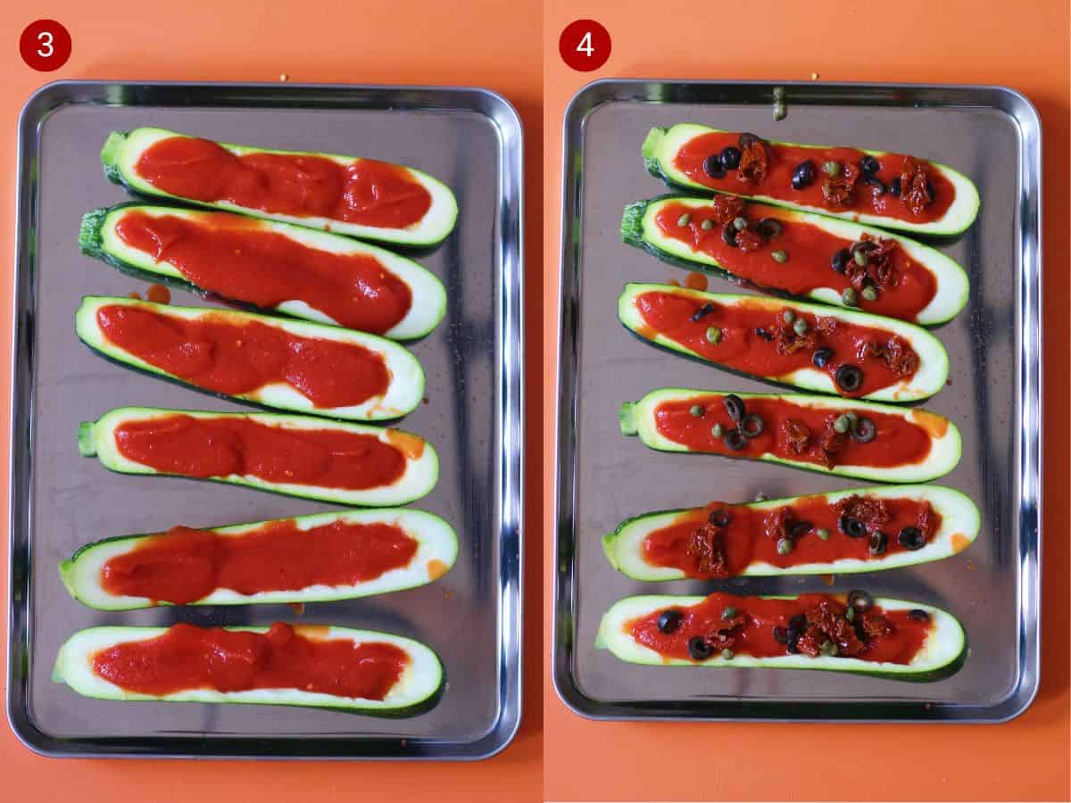 2 step by step photos, the first with courgette halves on a baking tray with passata sauce poured over each half, the second with the olives and capers added.
