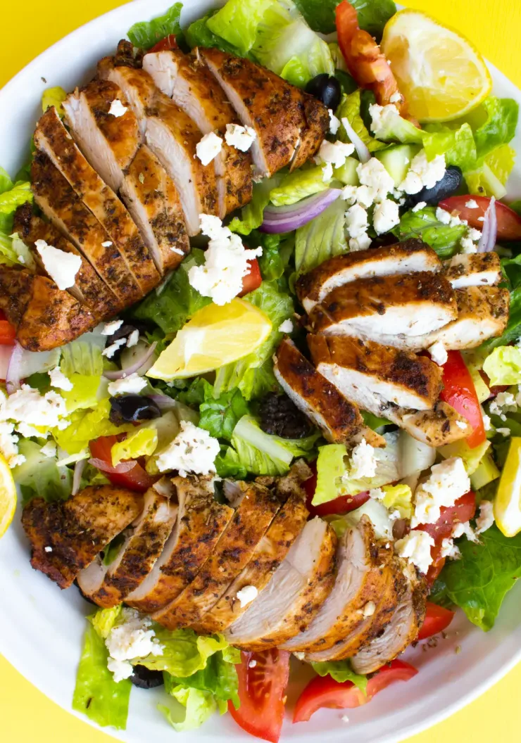 Overhead shot of Greek chicken salad