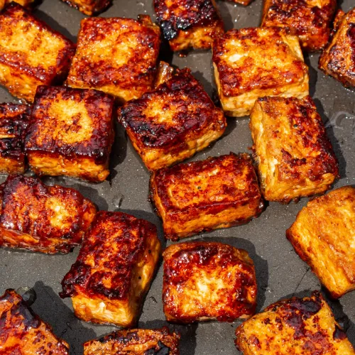Close up shot of pieces of Pan-Fried Crispy Soy Tofu