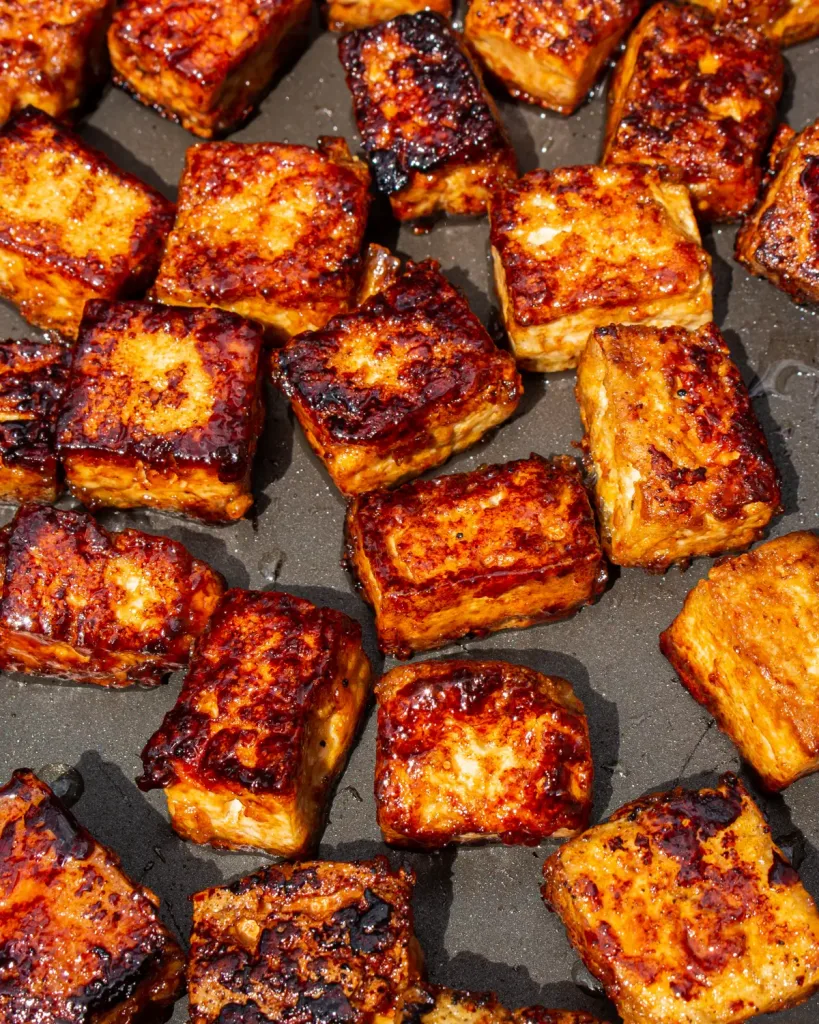 Close up shot of pieces of Pan-Fried Crispy Soy Tofu
