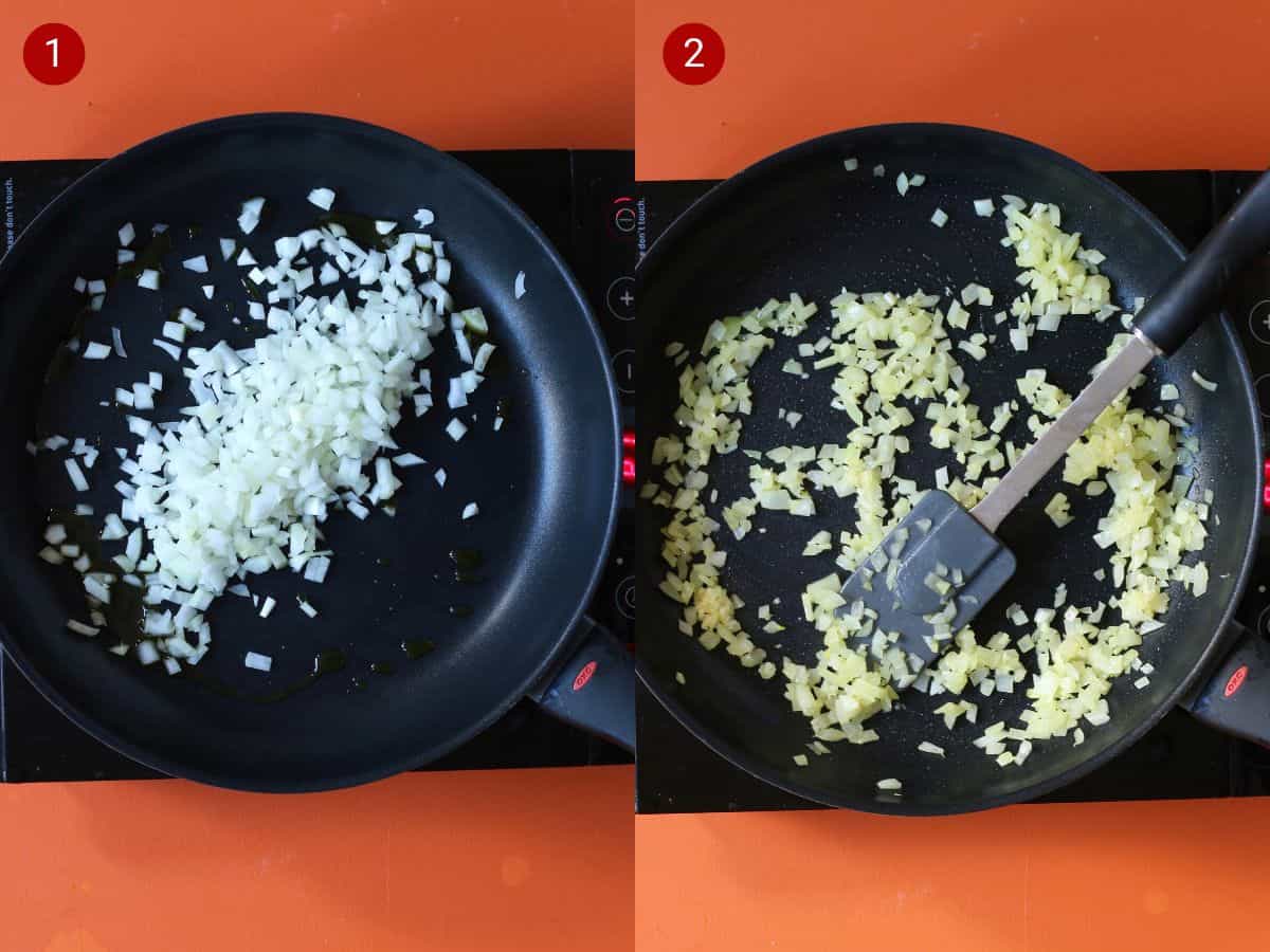 2 step by step photos, the first with raw onions in pan, the second with onions fried until transluscent.