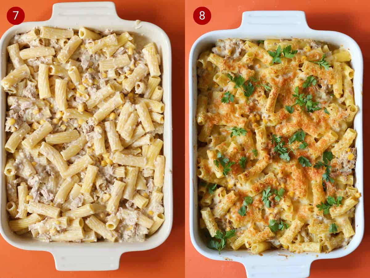 2 step by step photos, the first pasta, corn, tuna and suace anded to white rectangular baking dish, the second with the pasta baked and golden browned on top.