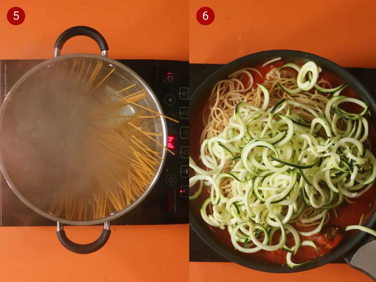 2 step by step photos, the first with spaghetti in a saucepan with water and the second with spiralized courgettes added to pan with meatballs, spaghetti and sauce.