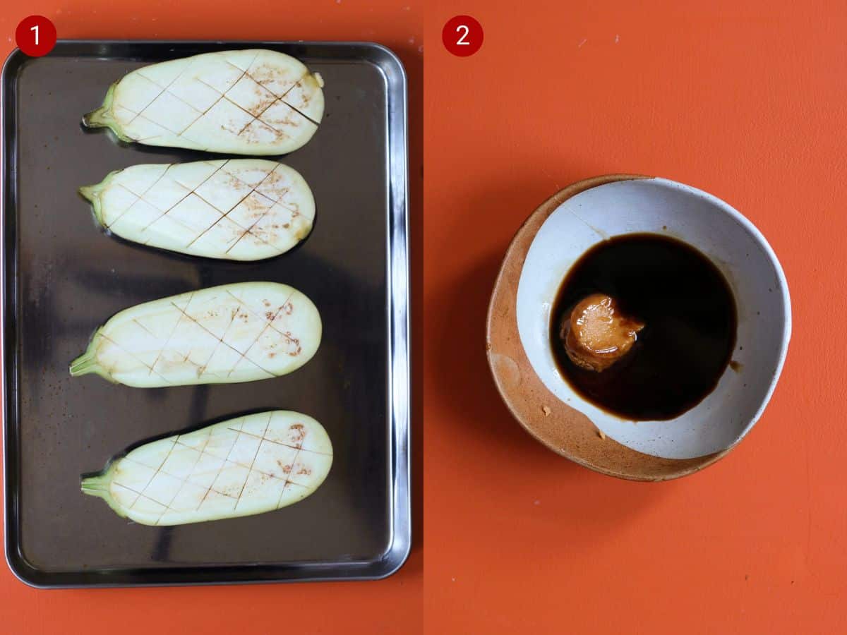 2 step by by step photos, the first with 4 aubergine halves on a tray and the second with miso paste and soy sauce in a bowl.