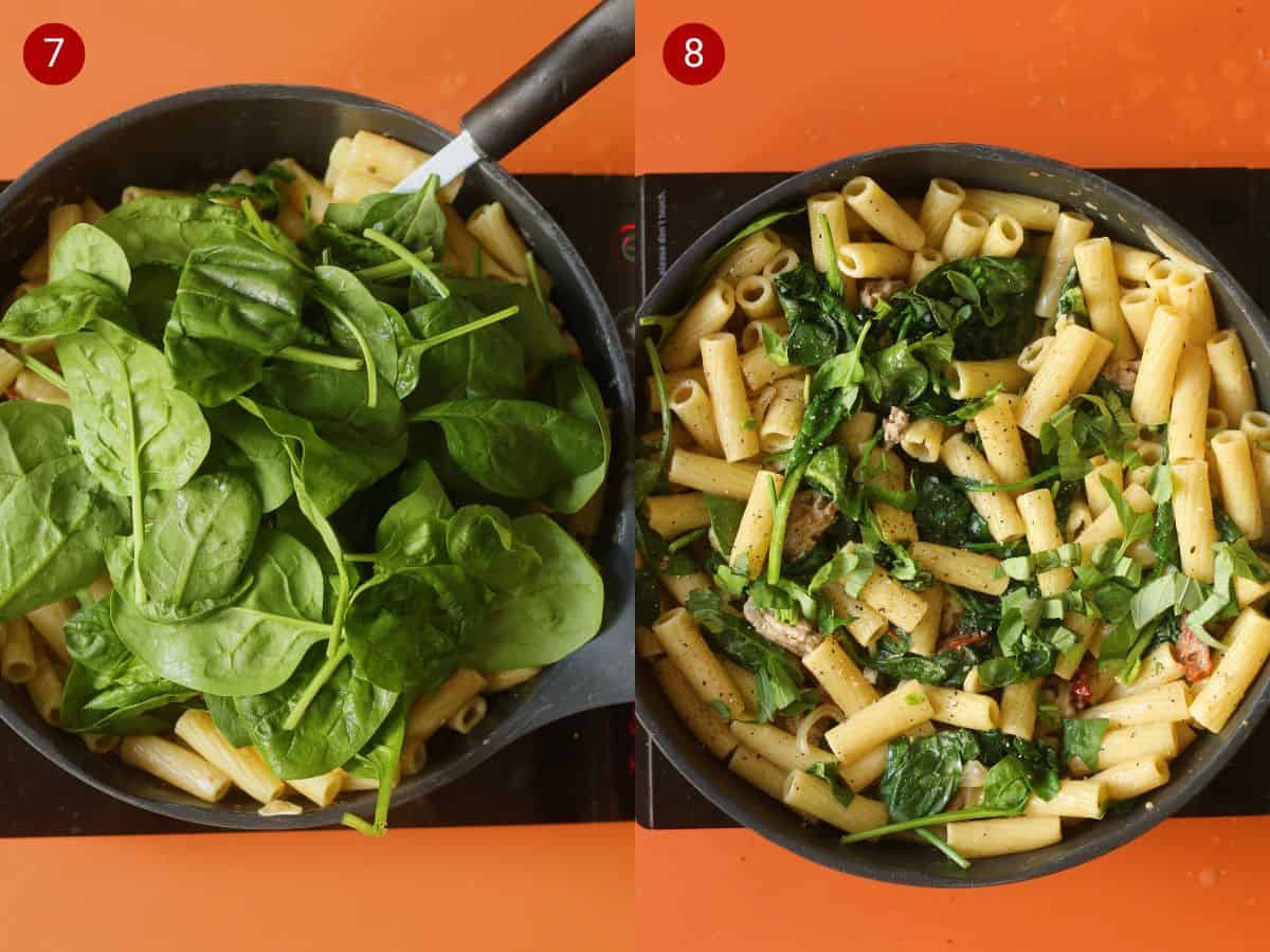 2 step by step photos, the first with a pan with pasta and  raw spinach and the second with pasta, mince and spinach mixed together.