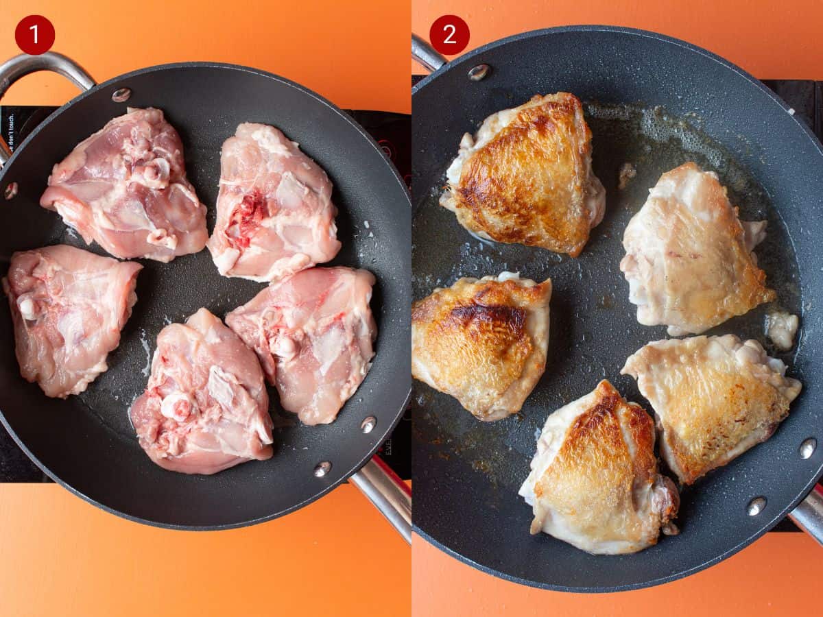 2 step by step photos, the first with chicken thighs skin side down cooking, the second with the browned skins showing in the pan.
