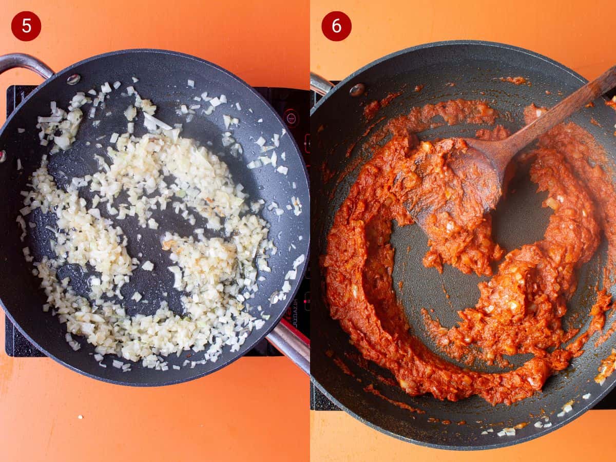 2 step by step photos, the first with onions frying in the pan, the second with the tomato paste added to the onions and stirred with a wooden spoon.